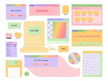 set of retro user interface elements. old computer 90s concept. tabs, icons, windows, folders. hand drawn colorful vector illustration isolated on light background. trendy flat cartoon style.
