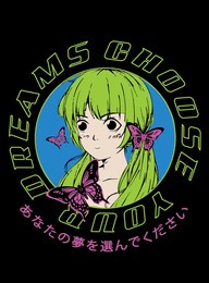 colorful anime girl with slogan translation: "choose your dreams" vector print design for tee and poster