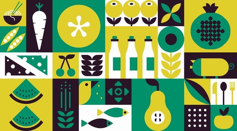 food geometric mosaic background. natural organic fruit vegetable pattern simple swiss bauhaus style. vector illustration