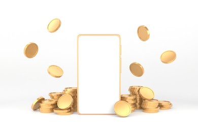 stack of gold coin and smartphone isolated on white background. 3d rendering. 