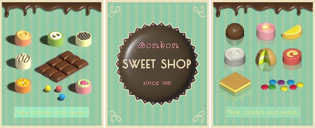 sweets shop in retro style, 3d set candys pralines, chocolate and dragees on foil in isometry