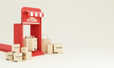 the concept of online shopping on social media app. smartphone, shopping bag, cardboard box, delivery, 24 hours, suitable promotion of digital stores red tone, web and ad. 3d rendering illustration
