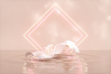 beauty fashion podium backdrop with fabric floating on water ripple. 3d rendering.