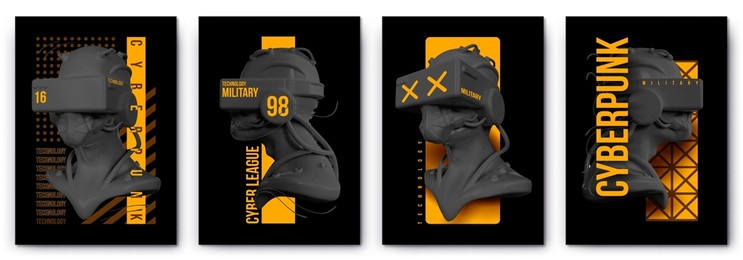 modern collection of posters cyberpunk yellow military technology in the style of techno, rave music and of the future virtual reality with plaster heads. print t-shirts isolated on black background