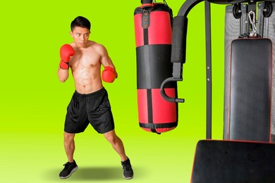 male boxer exercising with punching bag while standing in the studio with green screen background