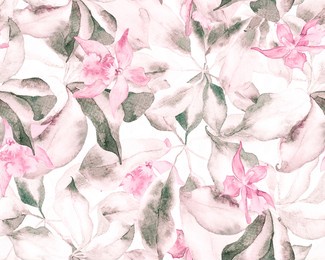 schefflera arboricola seamless pattern. botanical watercolor print. incarnadine pink and grey schefflera actinophylla hayata repeated ornament evergreen variegated walisongo plant with exotic flowers.