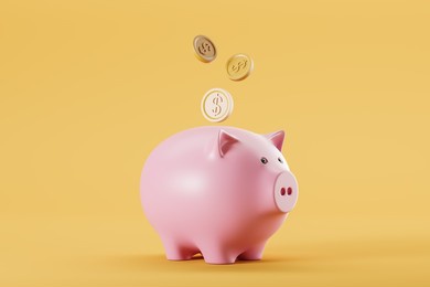 piggy moneybox with falling gold coins on yellow background. concept of savings and accumulation. 3d rendering