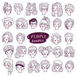 set of people avatars, hand drawn diverse faces in cartoon doodle style