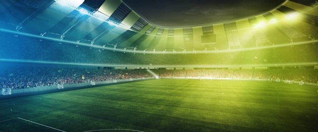 3d render. blue and yellow. stadium and neoned colorful flashlights background. poster, flyer with modern colors. concept of sport, competition, winning, action. empty area for championships, ad
