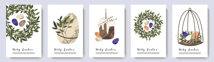 holy easter cards. cute egg, nest, easter cake, wreath. eco decoration. vector flat cartoon illustration. perfect for poster, print, card, invitation, greeting, tag