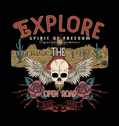 explore the open road.skull roses and desert landscape .eps.10 vector.