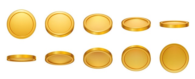 3d realistic empty gold coin rotating animation. money cash for gambling games, treasure, finance or casino jackpot concept. golden coins currency top, side and perspective view vector set