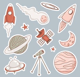 colorful hand drawn space theme stickers collection