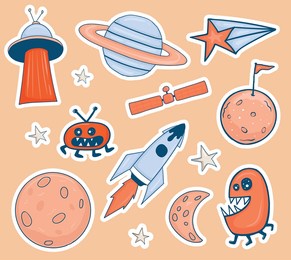 colorful hand drawn space theme stickers collection
