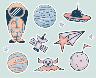 colorful hand drawn space theme stickers collection