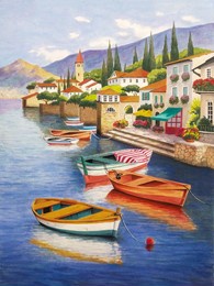 hand drawn gouache painting of lake como scenery. landscape painting with water, boats, reflection,building, hills, trees, pier, dock,plants,beautiful village,house and bright blue sky for print, etc