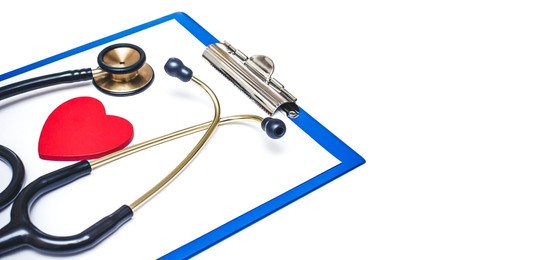 stethoscope isolated on white. red heart shape cardiological report. doctors clipboard with empty copy space paper. medica diagnosis background.