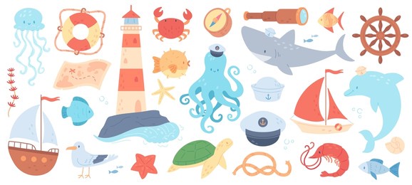 cute sea adventures elements, marine animals sailors, octopus, shark. nautical doodles, lighthouse, sailing boat, aquatic life stickers vector set