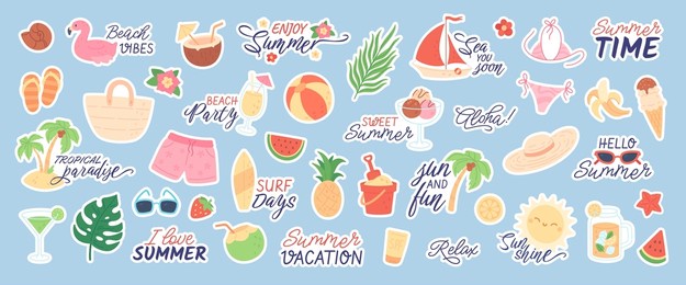 cute summer stickers for planner, beach party doodles with funny quotes. tropical vacation elements, fruits and cocktails, bikini, surfboard, summertime season sticker vector set