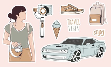 colorful hand drawn travel theme stickers collection