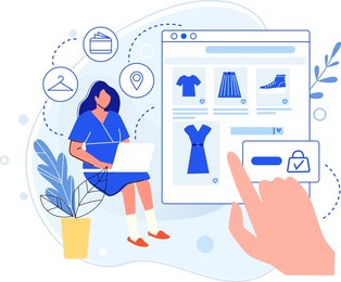 girl do shopping online , choose clothes on web shop.  girl sale online using smartphone, illustration of internet business shop