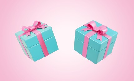 3d teal giftboxes with pink ribbons. illustration of two wrapped turquoise presents with pink ribbons tied upon the lids
