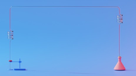 test tube and lamp on blue background. space for banner and logo. science experiment concept, 3d render