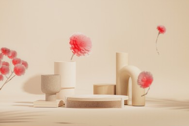 3d podium display, pastel pink and beige background with flowers and decorative vases. minimal pedestal for beauty, product, fashion. feminine copy space template 3d render
