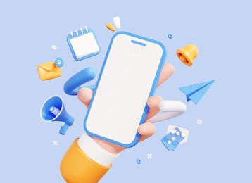 hand holding phone with business management app. online news and work. business marketing concept. smartphone with megaphone, bell and message. cartoon icon isolated on blue background. 3d rendering