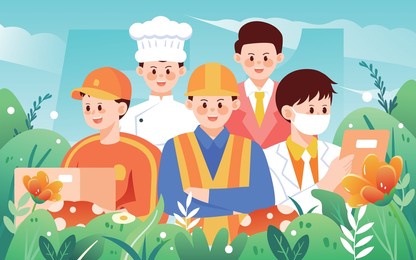 people of various professions gathered together with various plants in the background, vector illustration