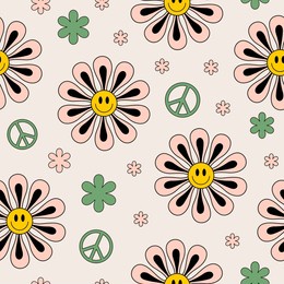 retro groovy seamless pattern with cute smiling flowers and peace symbols on pastel background. colorful trendy vector illustration in style 70s, 80s	