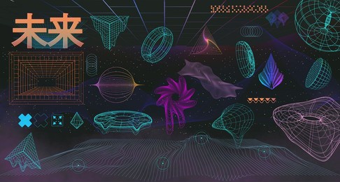 trendy retro futuristic holographic collection. geometric shapes, with glitch effects and abstract elements in vaporwave style from 80s-90s. cyberpunk retro futurism set. translation: "future"