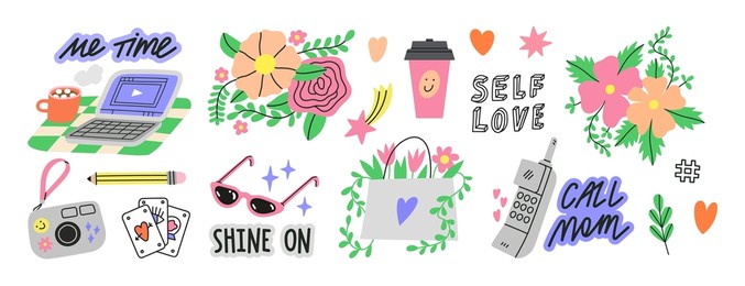 self love stickers set with floral motifs. include illustrations of simple everyday things like laptop, photo camera, coffee, phone calls etc. this cute vector pack is full of everyday magic.
