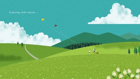 relaxing hand drawn pc wallpaper design. cute family are flying kites on green alpine mountains.
