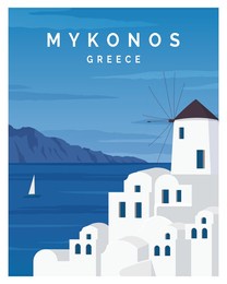 mykonos greece vector illustration background. flat cartoon vector illustration in color style. suitable for card, poster, art print