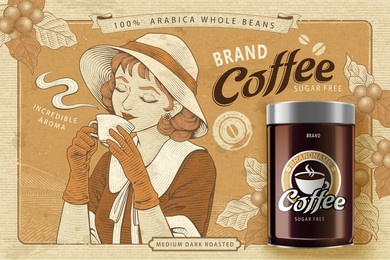 canned coffee beans banner ad. illustration of an engraved 1920s lady tasting coffee with a 3d canned coffee bean package on brown coffee farm background

