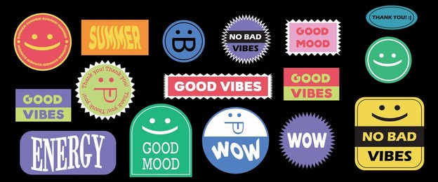 set of cool cute patches, pins, badges. cute stickers with pharases. decorative stickers.