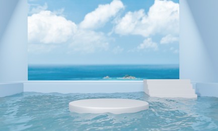 podium in water sea with windows and doors blue as background empty pedestal for the presentation. poster for cosmetic products. 3d rendering