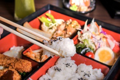 japanese cuisine. lunch box set on the background