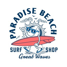 a cartoon sun character walking with a surfboard. vector design for t-shirt prints, posters and other uses.
