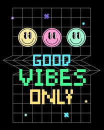 good vibes lettering with techno styled. funky character smile face.
pixel lettering inspirational quotes good vibes only.  typography, poster, banner, slogan, flyer, postcard. 