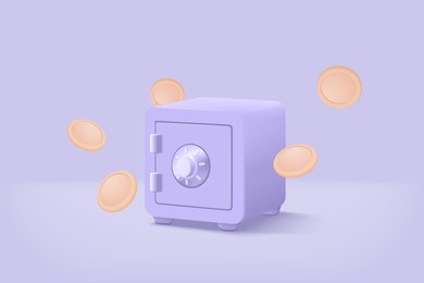 3d safe box minimal design for treasure on purple pastel background. treasure with gold and money in safe box, money saving, stored money concept. 3d secure box vector render isolate pastel background