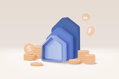 3d vector real estate and coin stack on white background. money saving to loan house, property concept of financial, money investment. stack of coins and a tiny house bank on beige  background