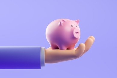 businessman cartoon hand with piggy bank on light purple background. concept of finance and money accumulation. 3d rendering