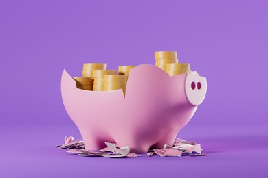 piggy moneybox broken with stack of gold coins inside, purple background. concept of savings and full income. 3d rendering