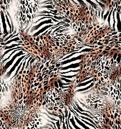 leopard and zebra mixed effect composition seamless pattern illustration. fabric motif texture endless all over.  vintage wild animal skin safari. 