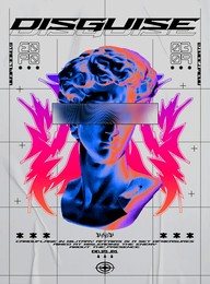 modern poster with statue and blur eyes, with text "disguise" . in techno style, stylish print for streetwear, print for t-shirts and hoodies, isolated on white background