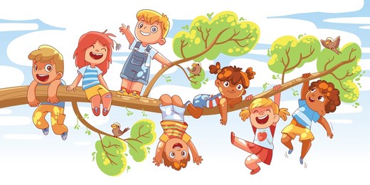children hung on a tree branch on sunny day. colorful cartoon characters. funny vector illustration