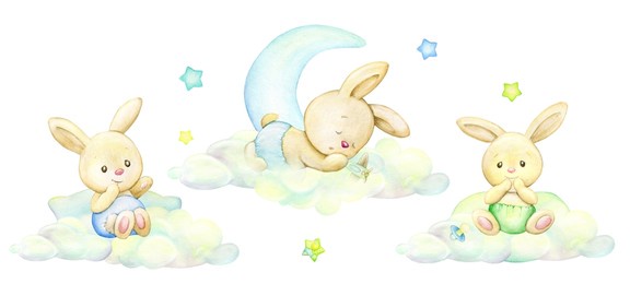cute bunnies, clouds, moon. watercolor set, cliparts, with animals, in cartoon style, on an isolated background.