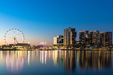 the docklands waterfront of melbourne, australia at night